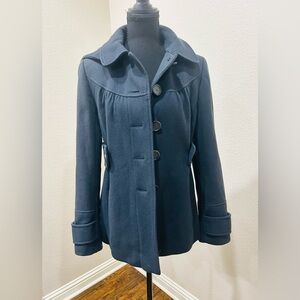 Ann Taylor Navy Blue Wool Blend Single-Breasted Pea Coat with Pleated Details